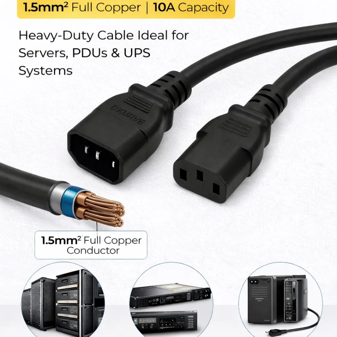 DKURVE® 1.5mm² IEC Power Cable C13 to C14 – Heavy-Duty Extension Cord